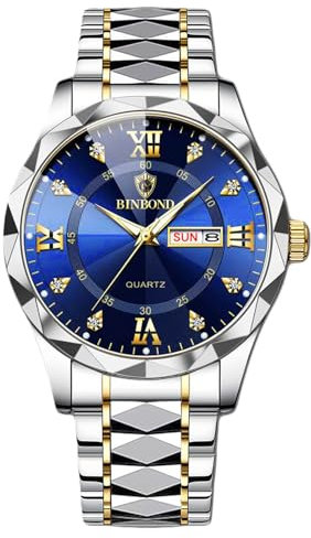 rorios Herren Elegant Quarz Armbanduhr Klassische Edelstahl Herrenuhren Diamant wasserdichte Uhr Multifunktional Business Uhren für Männer Gold blau A