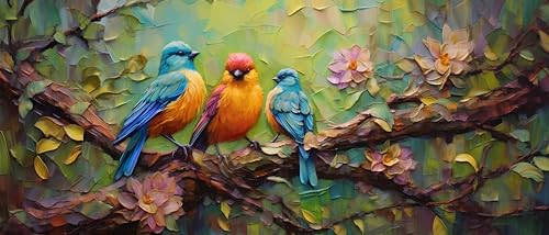 adrium Acryl-Bild 90 x 40 cm: Schöne Vögel auf einem Ast eines Baumes. Digitale Zeichnung. (209299439)