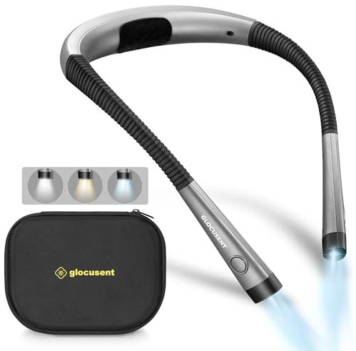 Glocusent Luz de Lectura con bolsa dura de Eva, Lampara Libro de Lectura Recargable, 3 Colores, 6 Niveles de Iluminación, Brazos Flexibles, Larga Duración, Perfecto para Leer, Tejer, Reparar