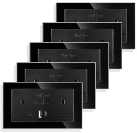 JIMEIDA 5 Pack Black Double Switched Socket 13 Amp Glass Panel with USB-A And Type-C Charging Ports Crystal Wall Outlet Electric Power Socket
