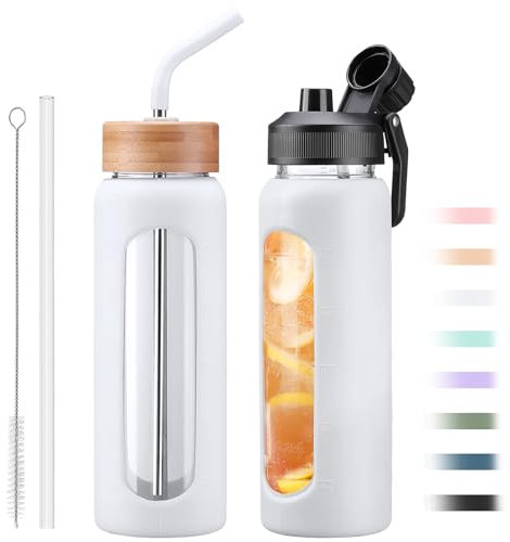 NOLOGLAZIC 24oz Glass Water Bottle with Straw and 2 Lids-Bamboo and Spout Lid, Borosilicate Glass Water Bottle with Silicone Sleeve and Time Marker,BPA Free & Cupholder Friendly,White
