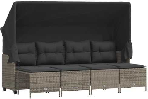 vidaXL Garten Sofa Garnitur 5-TLG., Gartenmöbel Set mit Kissen Dach, Sitzgruppe für Garten Terrasse, Lounge Hocker Sitzgarnitur, Grau Poly Rattan