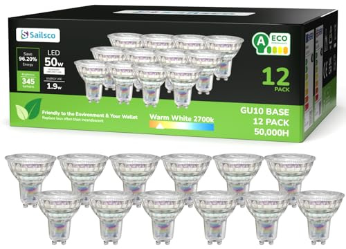 sailsco Energieklasse A GU10 LED Warmweiss Lampe,1.9W 345LM 2700K Warmweiß GU 10 Spot Energiesparlampe, 50W Glühbirne Ersetzt,36 Grad Abstrahlwinkel G10 Leuchtmittel,Nicht Dimmbar Birne,Glas,12 Stück