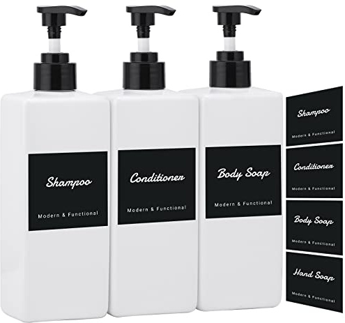 Segus Shower Gel Dispenser, 3 Pieces Pump Bottle Dispenser 500ml, Empty Soap Bottle Kitchen, Bathroom Bottles with Labels (White)