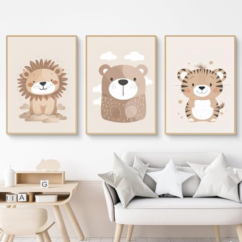 Ueiwffzo 3er Set Poster Bilder Kinderzimmer Dschungel Tiere Bilder, Babyzimmer Deko Leinwand Bilder Boho Wandbilder, Wandposter Kinderzimmer, Ohne Rahmen (30x40cm)