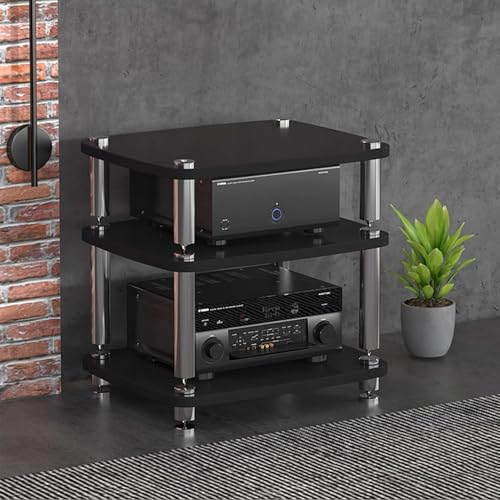 GUAWJRZDP Hölzerner Hi Fi Regal, Hi Fi Rack mit Stoßdämpfenden Füßen, Audio Rack Hi Fi Regal, Record Player Stand for Entertainment-Stereo, Rack-Audio-Tower mit Metallstahlrahmen(Nero,3-Tier)