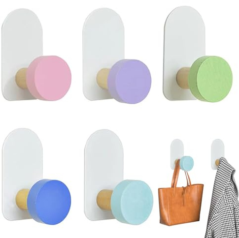 Lunyloer Kids Coat Hooks, 5 Pcs Colorful Adhesive Hooks 6.4×3.5cm, Adhesive Sticky Hooks Self-Adhesive Wooden Hooks Wall Hook for Towel Clothes Key Backpacks and Hats (Macaron Color)