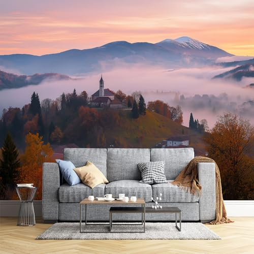 Nebelige Berge Fototapete - Herbstwald - Größe 400X280Cm (Breite X Höhe) Wandtapete Tapete, Wandbild Wandtattoo Dekoration - Tapete, Kinderzimmer, Kindertapete