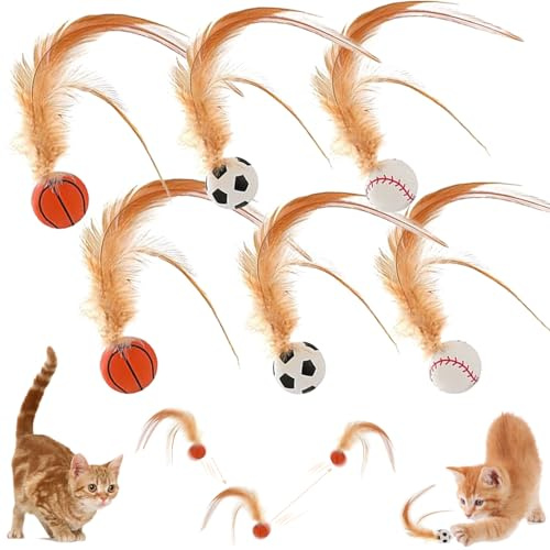 Hüpfender Katzenball mit Feder, 6 Stück Katzenspielzeug Feder Katzenbälle, Katze Bouncy Ball mit Feder, 2025 Neuestes Katzenball mit Feder, Interaktives Katzenspielzeug, für Katzen Hund