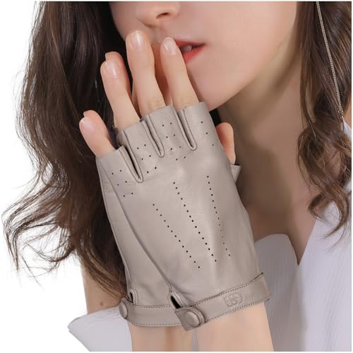 GSG SINCE 1998 Fingerlose Lederhandschuhe Damen Schafsleder | Ungefütterte Halbfinger-Handschuhe für Damen aus Leder – atmungsaktiv, griffig, elegant mit Druckknopf beim Autofahren 200103