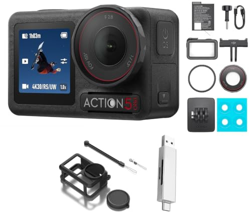 DJI Osmo Action 5 Pro Standard Combo mit Schutzhülle + Kartenleser Zubehör, Action Cam 4K mit 1/1,3 Sensor, 4K/120fps Videokamera, Motivverfolgung, Stabilisierung, Kamera Dual OLED Touchscreens