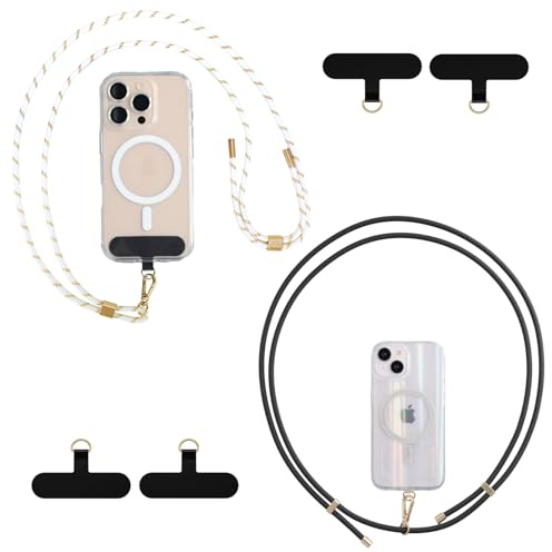 AHABIPERS Phone Lanyard Crossbody Universal, 2 Pack Adjustable Mobile Phone Neck Strap Chain with 4 Durable Patches, for iPhone, Samsung and Most Smartphone - White & Black