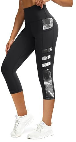 Tuspryt Sportleggings för kvinnor med fickor, ogenomskinliga hög midja, sportbyxor för kvinnor, 3/4, träningsbyxor, löparbyxor, capri, gym, leggings, svart, XXL