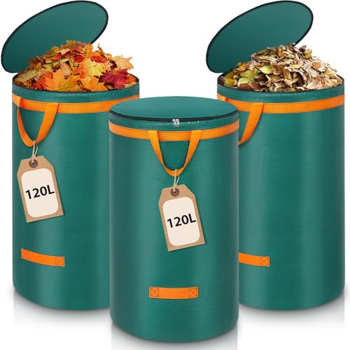 Enbagold 3X 120L Gartenabfallsack Stabil, Laubsack mit Deckel und Griffen Gartensack Groß, Gartenabfallsäcke Gartensäcke Grünschnittsack, Selbststehend Grünschnittsäcke, Abfallsack für Gartenabfälle