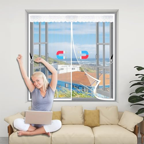 Mosquitera Ventana Magnetica 53 x 63 cm Cierre Automático, sin Taladrar, Malla Ultrafina, Fácil Instalación, Mosquitera para Ventanas, con Cinta Adhesiva para Todas Puertas y Ventanas, Blanco