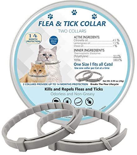 Flea and Tick Collar for Cats, 2 Pack Flea Collar for Cats, Offers 12 Months Protection, Waterproof, Adjustable, One Size Fits All Cat