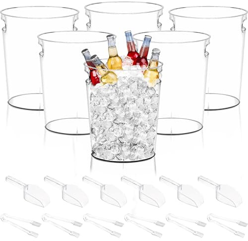 YFNVH Lot de 6 Seaux à Glace 4L Transparent avec 6 Pelles & 6 Pinces, Seau Rafraîchisseur Acrylique pour Vin Bière Champagne avec Poignée, Seau à Glace Plastique pour Fête Bar Maison