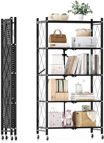 5-Niveles Estante de Almacenamiento Plegable de Metal de con Ruedas, 28,15 W x 15,55 D x 62,60 H, 950 lbs Capacidad de Carga, Estante de Organizador de Montaje sin Servicio (Negro, 5-Niveles)