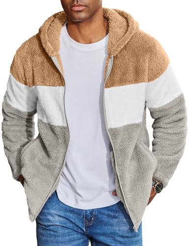COOFANDY Herrjacka, teddyfleece, jacka, fleecejacka, sherpa övergångsjake lapptäcke, sweatshirt med huva, Khaki + vit + ljusgrå, S