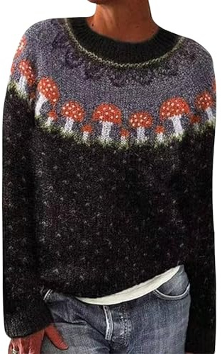 Ladies Jumpers Long Sleeve Crewneck Womens Sweaters Fairisle Norwegian New Art Print Knit Sweaters Casual Loose Crew Neck Womens Tops Autumn Winter Plus Size Fair Isle Jumpers for Women Uk