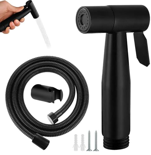 1 Set Stainless Steel Bidet Shower, Muslim Shower for Toilet Spray, Handheld Bidet Spray for Toilet UK, Handheld Douche Sprayer with 1.5M Hose and Valve Adapter, Personal Hygiene and Cleaning（Black）