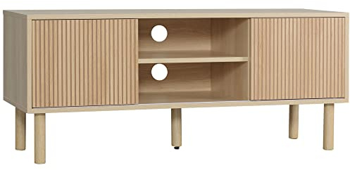 HOMCOM Mueble de TV, Mesa de TV 115 cm, Mueble para Televisión hasta 50 Pulgadas, con Puertas Correderas, Estantes Abiertos, Orificios para Cables, para Salón, Comedor, Dormitorio, Natural
