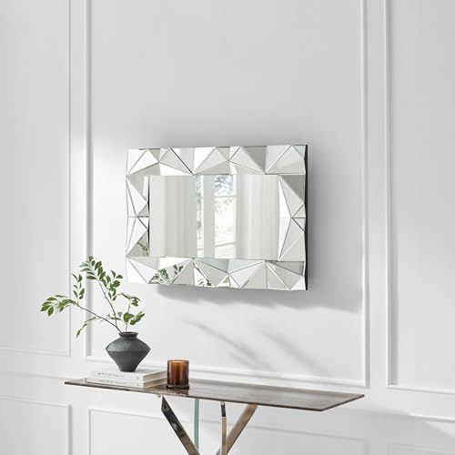 Furniturebox UK Atlas Medium Rectangle Wall Mirror 90x60cm – Bevelled Triangular Reflective Glass Frame – Art Deco Retro Style – Horizontal or Vertical Hanging – Living Room, Hallway, Bedroom Mirror