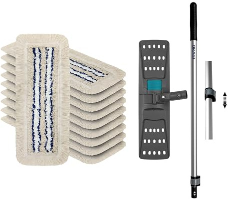 OKAEI Wischmop-Komplettset 50 cm – 10× Bezug Blau-Weiß-Beige + Klapphalter & Alu-Teleskopstiel – Für Trocken- & Nassreinigung – Profi 10er Spar-Set