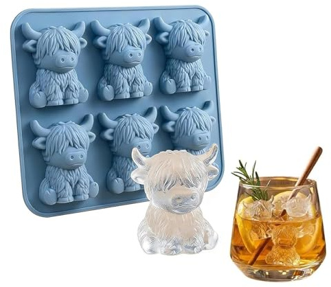 Mini Highland Cow Ice Cube Mold - 3D Highland Cow Silicone Ice Tray with 6 Cavities, Animal Ice Cube Tray, Novelty Ice Moulds for Whiskey, Cocktails, Chocolate & Resin Crafts (1 pcs)