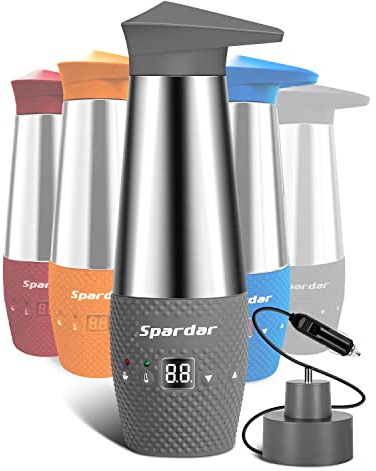 Spardar - Taza de calentamiento de agua para coche, doble pared, aislada al vacío, de acero inoxidable, automático, encendedor de cigarrillos DC12 V, hervidor eléctrico de agua hervida (Gris)