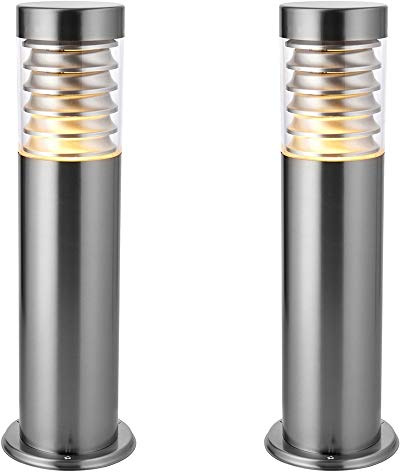 2 Pack | Marine Grade Brushed Stainless Steel Outdoor IP44 Bollard Light | 500mm Lamp Post Garden Driveway Patio Pathway Pillar | E27 Bulb Required | 0.5m Tall Outside Courtyard
