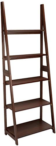 Amazon Basics Modernes Leiter-Bücherregal mit 5 Ebenen, Rahmen aus massivem Kautschukholz, Walnuss, 35.61 cm D x 63 cm W x 178 cm H