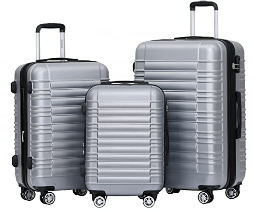BEIBYE Hartschalen Koffer Trolley Rollkoffer Reisekoffer Zwillingsrollen Kofferset (Silber, Set)