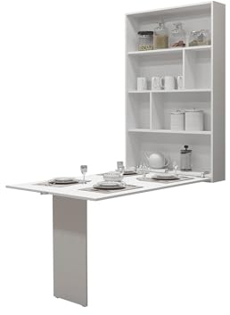 Mirjan24 Wandklapptisch Albi mit 2 Regalen (Weiß) | Praktischer Wandtisch mit klappbarer Tischplatte, Öffnungssicherung und 4 Ablagefächern für Geschirr und Zubehör