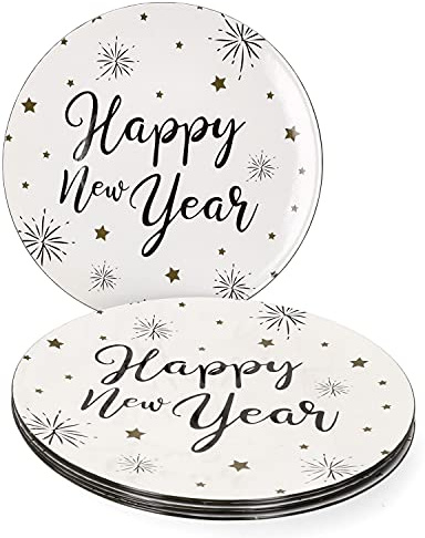 MamboCat 6-teiliges Teller-Set Happy New Year I Platzteller-Set für 6 Personen I Flache Untersetzer in festlichem Design für Silvester & Neujahr I Deko-Accessoire aus Kunststoff mit Ø 32,5 cm