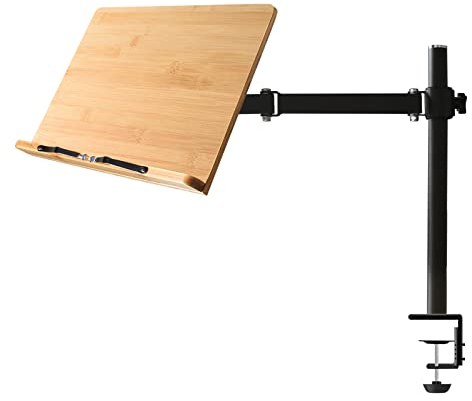 Bambus Buchständer mit Klemme höhenverstellbar, wishacc Tisch Seite Kochbuchhalter - Desktop Lesehalterung Halter mit stabilen Seitenclips (33,5 x 23,4 cm)