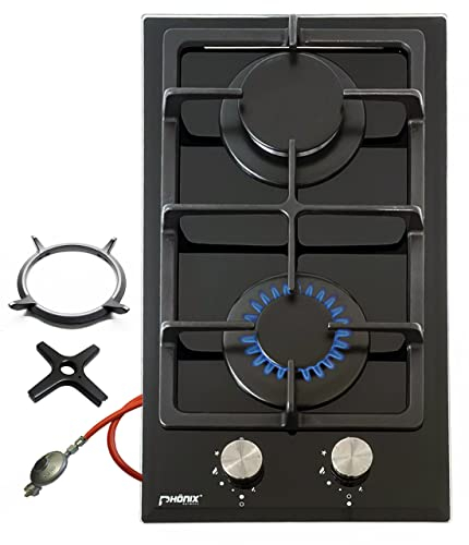 Phönix Germany Domino-DG Gas Hob Glass Camping Stove 2 Bulbs Including Gas Hose Regulator, WOK Attachment, Cooker Cross, Black