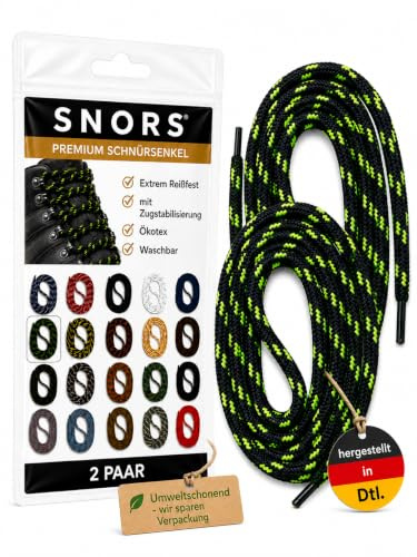 SNORS 2 par skosnören, runda, 21 färger, 75–200 cm, Ø 5 mm, säkerhet, för arbetsskor och vandringsskor, slitstarka, tvättbara, robusta, skoband, Svart neongul, 180cm / Ø 5mm