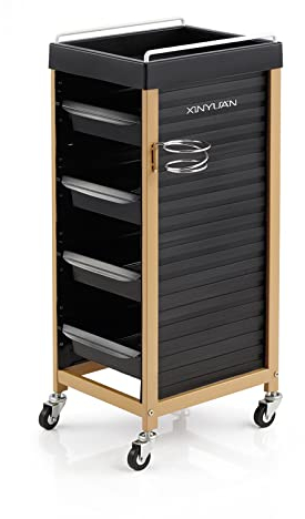 Friseurwagen Salon Wagen Arbeitswagen mit 4 Sperren Rollen Arbeitskasten und 4-5 Metallgestell Schubladen Rollwagen Stapelboy Schwarz Stabiler und Langlebiger Colorationwagen Gold