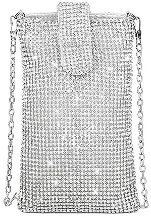 1 Stück Diamanten besetzte Handytasche, modisches Dinner-Party-Zubehör, einfache Umhängetasche, Mini-Ketten-Umhängetasche, elegante Damen-Geldbörse, Geeignet für Hochzeit, Abschlussball (Silber)
