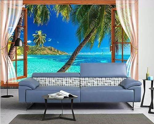 Papier Peint Panoramique Fenêtre En Bois Île Paysage Marin 3D Poster Mural pour Salon Chambre Décoration Murale