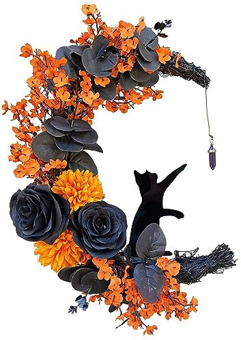 Leuchtende Halloween-Kränze für Haustür, Halloween-Mondkranz mit schwarzer Katze und Rose, Rattan-Girlande, Türkranz, gotische Dekorationen für Zuhause, Halloween, Party, Fenster, Wand
