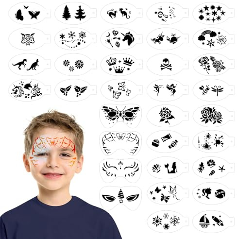 SRIZIAN 34 Stück Gesichtsmalerei Schablonen, Wiederverwendbare Gesichtsfarbe Schablonen, Tattoo-Schablonen für Gesicht und Körper, Kinder Party Urlaub Halloween Make-up