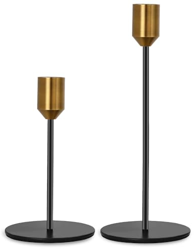 MIVITOOM 2 Pcs Black Gold Candle Candlestick Holders - Fits 0.9 inch Tapered Candle Pillar Holders Stands, Vintage Table Candle Holders for Wedding, Living Room, Dinners Ornaments Decorations