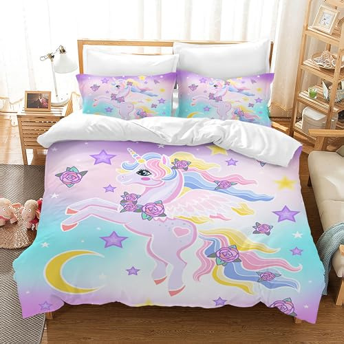 Juego de Ropa de Cama para niños, diseño de Motocross, Microfibra, 3 Piezas, con Funda de Almohada (Unicornio B, 220 x 240 cm)