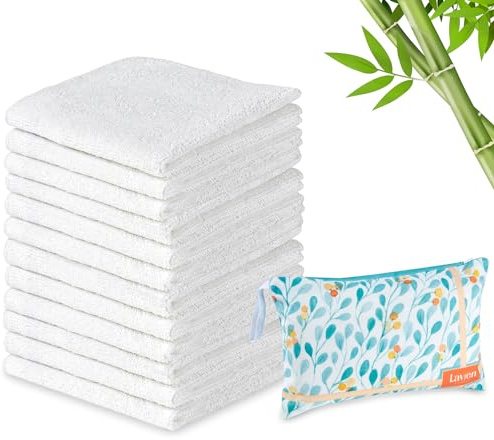 Lavien Home 12-Pack Rayon derived from Bamboo Washcloths with Multi-Purpose Clutch Bag, Ultra-Soft Absorbent Towels for Face, Body, Shower, Make-Up, Baby, and More - Cloud Touch 10x10 (White)