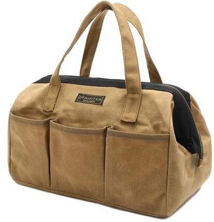 Tool Tote, 13-inch Heavy Duty Waxed Canvas Wide Mouth Tool Bag, Open Top tool Pouch with Handle for Tools, Wrenches, Screwdrivers (13 X 7.8 X 9 inch) | Khaki
