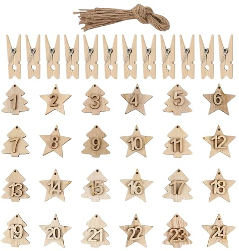 Advent Calendar Numbers Wooden,1 to 24 Christmas DIY Advent Calendar Number,Christmas Tree Pendants Ornaments for Indoor Outdoor Christmas Hanging Decoration (Tree & Star Patterns)