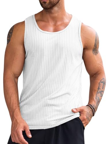 Runcati Men's Workout Tank Tops Sleeveless Ribbed Knit T Shirt Muscle Gym Fitness Tee White