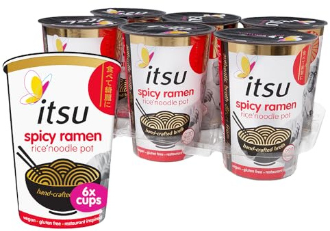 itsu Spicy Ramen Rice Noodles | Instant Noodle Cups | Authentic Japanese Flavour | Vegan & Gluten-Free | Low-Calorie | Quick-to-Make Snack | Pack of 6
